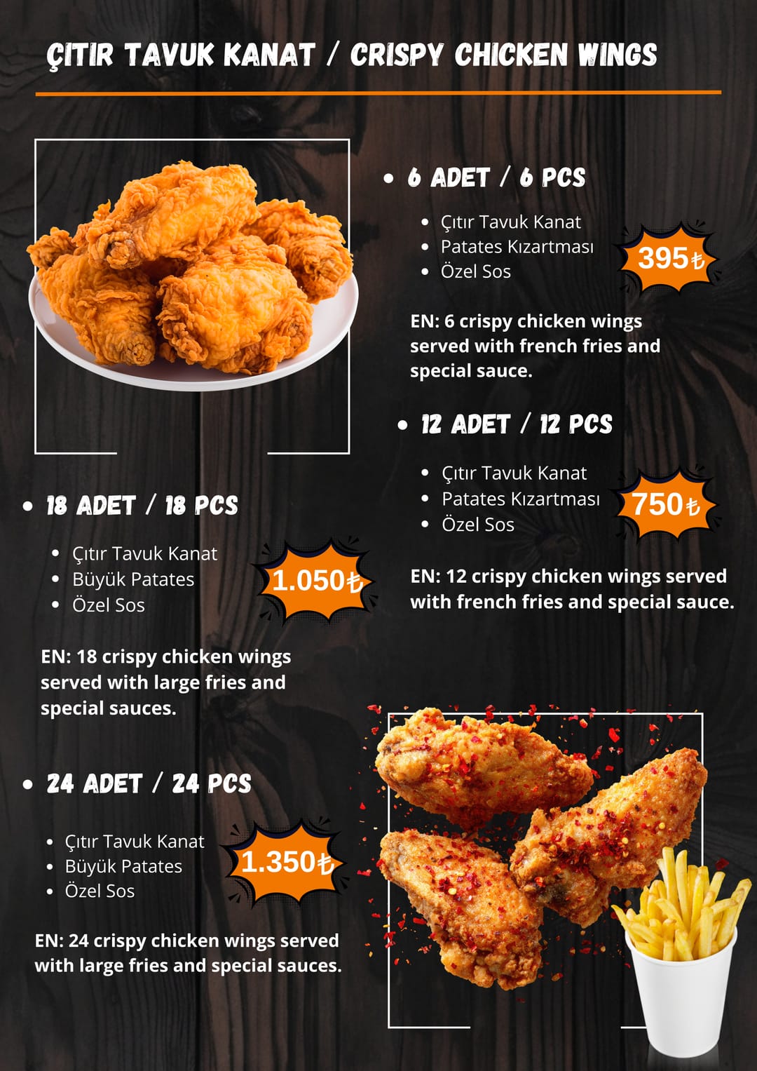 Street Munch Çıtır Tavuk Kanat menüsü — fiyatlarıyla