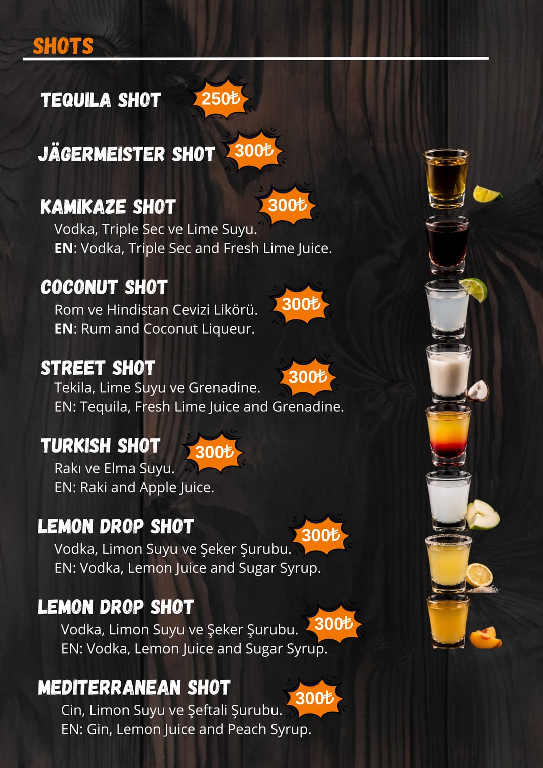 Street Munch Shots menüsü — fiyatlarıyla