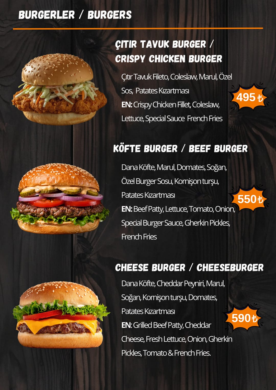 Street Munch Burgerler menüsü — fiyatlarıyla