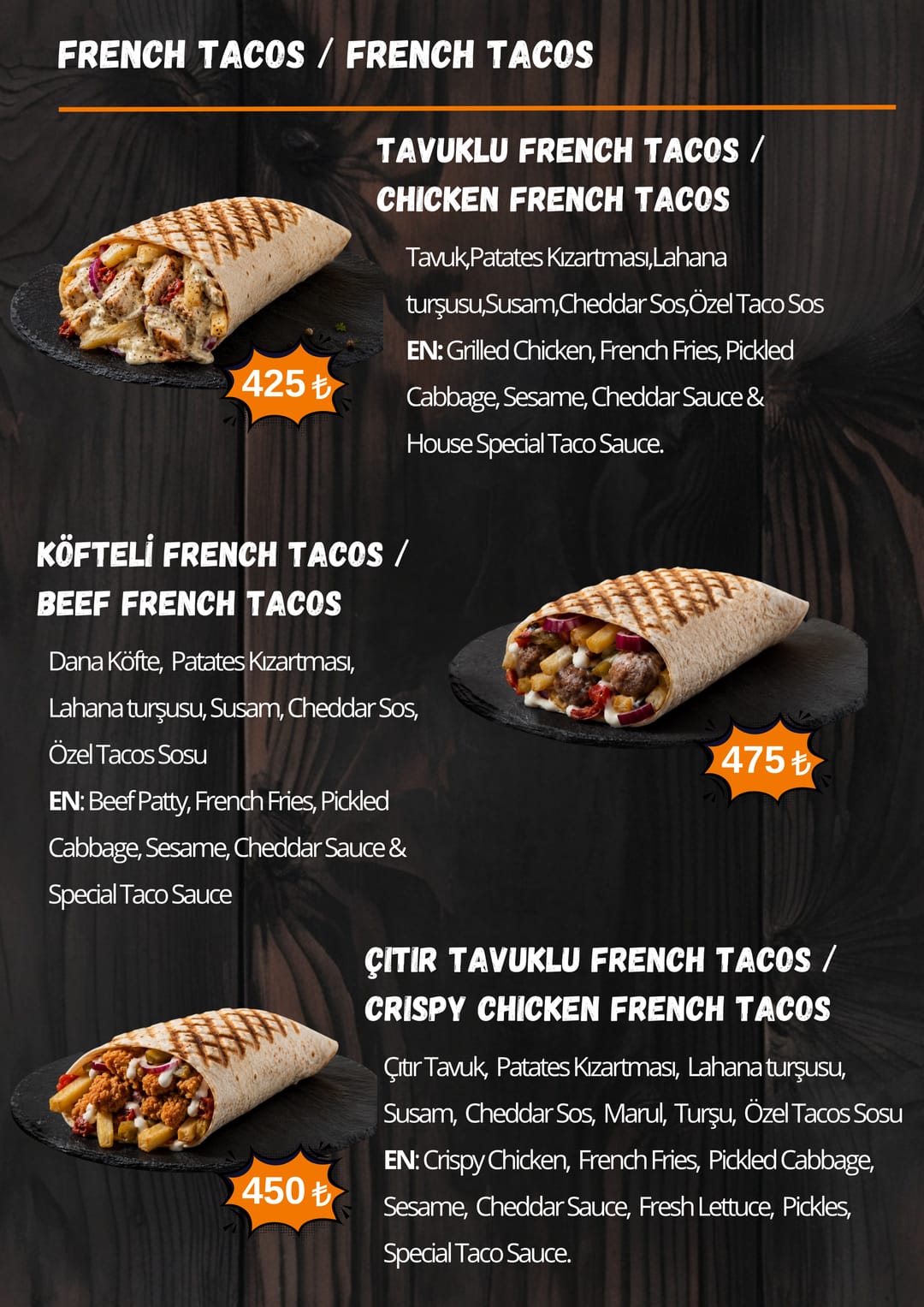Street Munch French Tacos menüsü — fiyatlarıyla