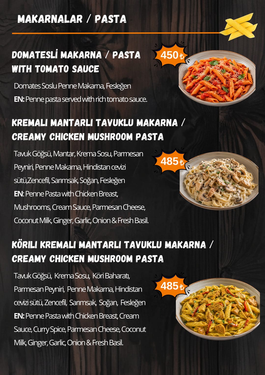 Street Munch Makarnalar menüsü — fiyatlarıyla