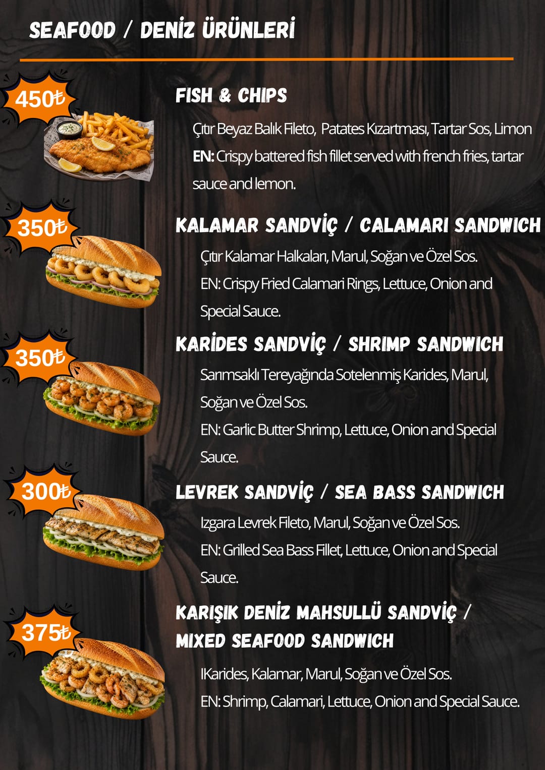 Street Munch Seafood menüsü — fiyatlarıyla