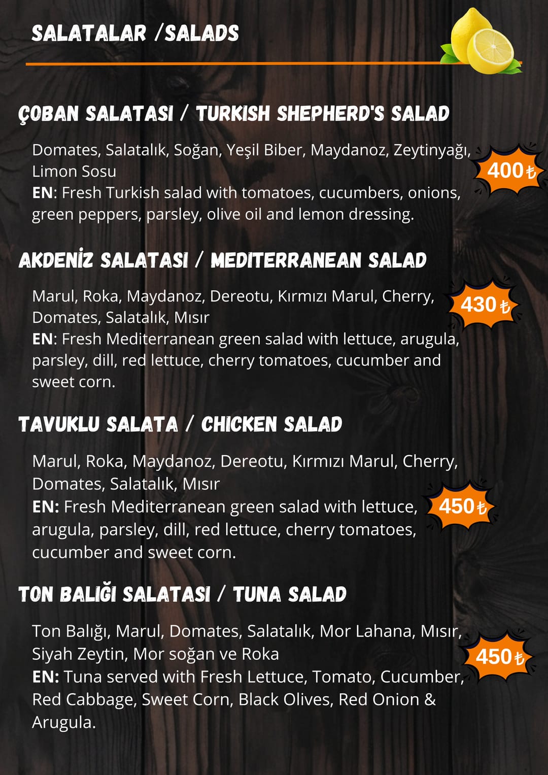 Street Munch Salatalar menüsü — fiyatlarıyla