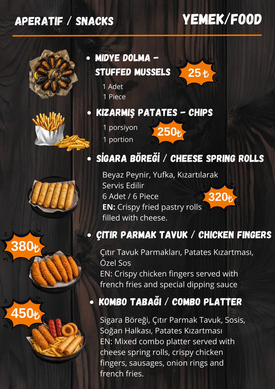 Street Munch Aperatifler menüsü — fiyatlarıyla