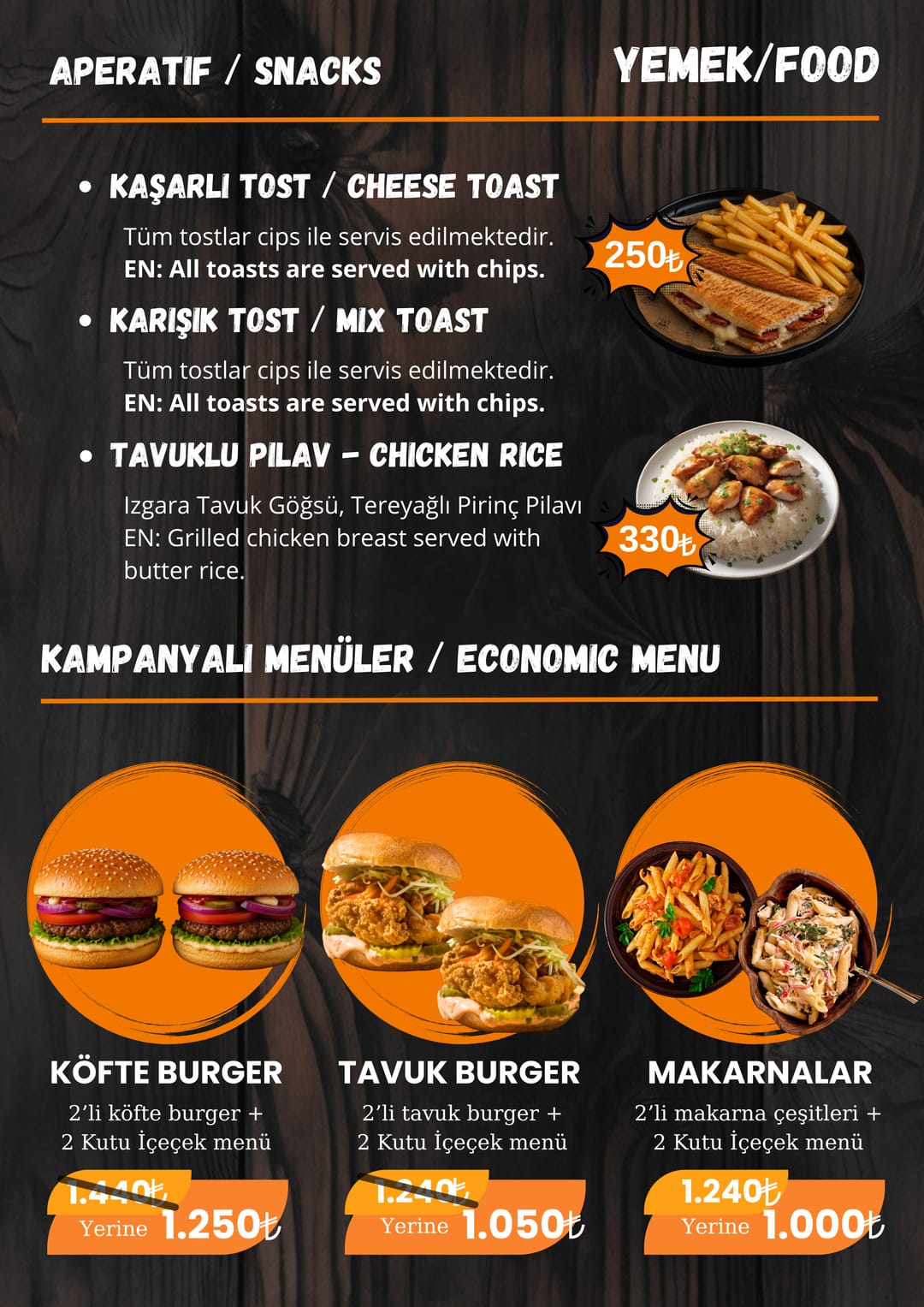 Street Munch Tost & Pilav menüsü — fiyatlarıyla